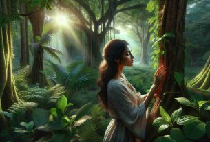 A high-definition, realistic image showcasing the beauty of nature. This scene includes a South Asian woman, who we'll refer to as Amita, fully engrossed in the tranquility around her. She is standing amidst a lush green forest, captivated by the variety of plant life. The sun's rays peek through the leaves of the trees, casting an ethereal glow on her face. In the background, there's a symphony of chirping birds and rustling leaves. Amita is touching a tree bark with one hand, a symbol of her deep connection with nature. Her face exudes serenity and peace.