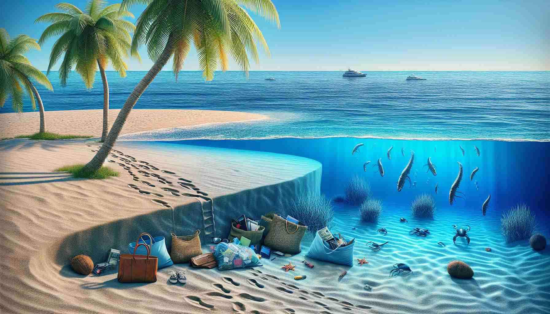 A realistic, high-definition image displaying a scene at a tourist beach, filled with potential hidden dangers. The crystal blue ocean showcases a few shapes beneath the surface, suggesting marine creatures or submerged debris. The sandy beach, while beautiful, is scattered with half-buried objects, perhaps discarded by previous tourists. A trail of footprints leads to an unattended pile of bags and accessories, indicating possible theft. The beauty of the tropical palms appears undermined by coconuts hanging precariously above. The beach scene provides a stark contrast between its inviting beauty and the potential dangers lurking beneath the surface.