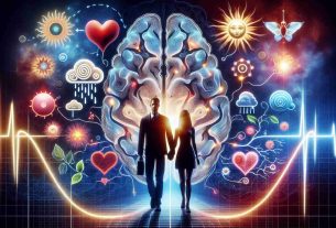 A realistic high-definition image that metaphorically represents 'The Science Behind Our Emotions and Relationships'. Picture a background of a brain scan with highlighted areas that are associated with emotions and relationships. Foreground shows two silhouette figures, a Caucasian man and a South Asian woman, holding hands implying human relationships. They are surrounded by whimsical, abstract symbols of emotions like happiness (a bright sun), sadness (a rain cloud), anger (a red, pulsing heartbeat line), and love (a soft, luminescent heart). Try to balance the dynamics of the science and emotional aspects.