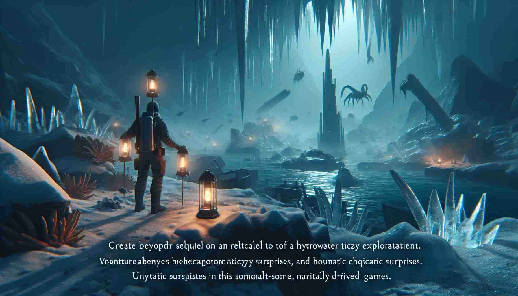 Create a hyper-realistic, high-definition image emphasizing the element of mystery. The scene is set in relation to a fourth sequel of a hypothetical, underwater exploration game. Venture beyond the icy environments. Show elements that suggest advanced technology, aquatic surprises, and hostile creatures. Include also objects that hint at unexpected plot twists in this underwater icy world setting, similar to some popular first-person, narratively driven games.