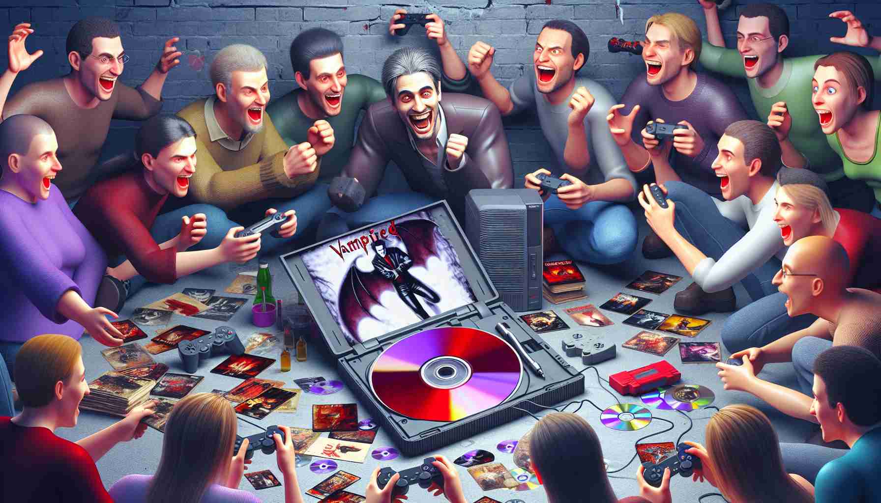 Generate a realistic high-definition image that shows the excited and speculative reaction among the gaming community regarding the remasters of a classic vampire-themed video game series. The image should include glimpses of old, worn-out game CDs, a retro game console, and enthusiastic fans discussing online. Note: all elements in this scene are fictional and do not represent any specific real-world video game series or right holders.