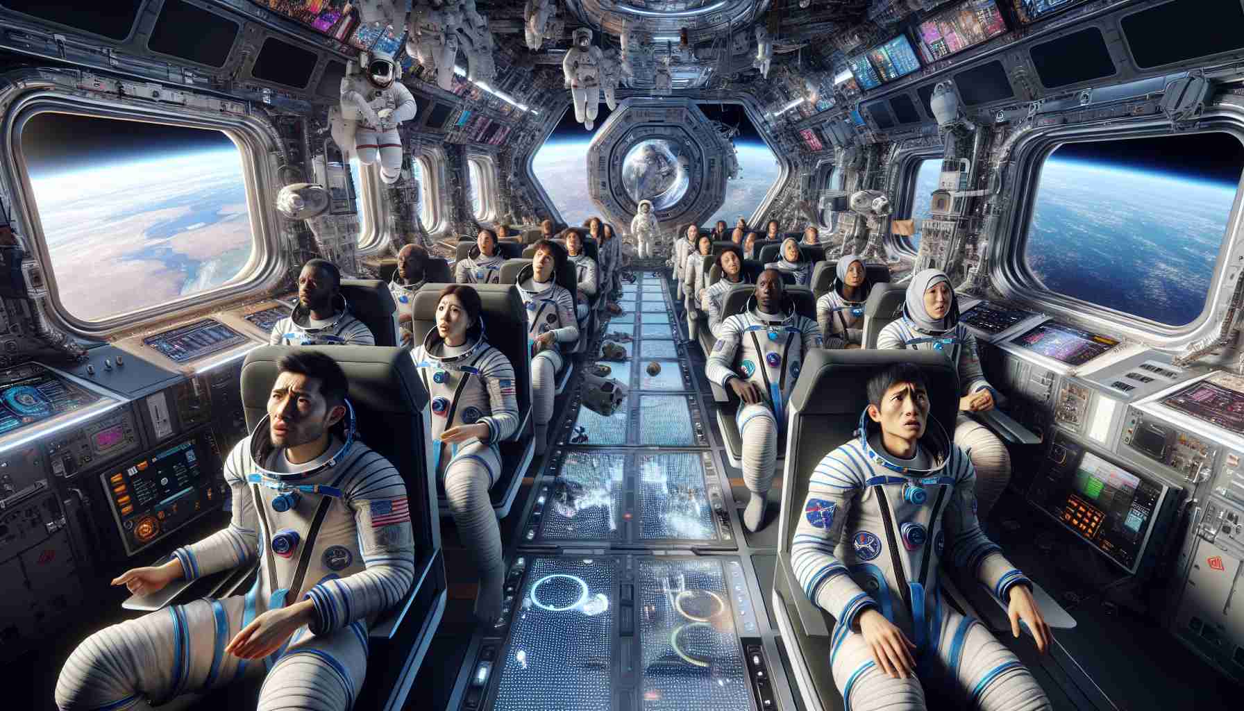 A high definition, realistic depiction of an event in space where astronauts of various descents and genders are facing new health concerns. The image should show astronauts in a state-of-the-art spacecraft, showing signs of concern. Their multicultural expressions reveal worry about unseen threats to their health due to prolonged exposure in space. The spacecraft interior should be filled with cutting-edge technology and floating objects, signifying zero gravity. Outside the spacecraft, there could be a stunning view of Earth and the vastness of space as a backdrop.