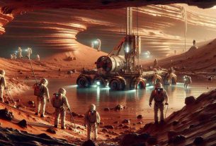 A high-definition, realistic image of explorers investigating the subterranean water reserves on Mars. Feature Martian landscapes with reddish-brown terrain and intriguing cave systems. Additionally, display high-tech machinery operated by explorers of mixed descent including Black and Middle-Eastern individuals, both men and women, in space suits. The image should mirror the feeling of discovery tinged with the stark unfamiliarity of the Martian landscape.