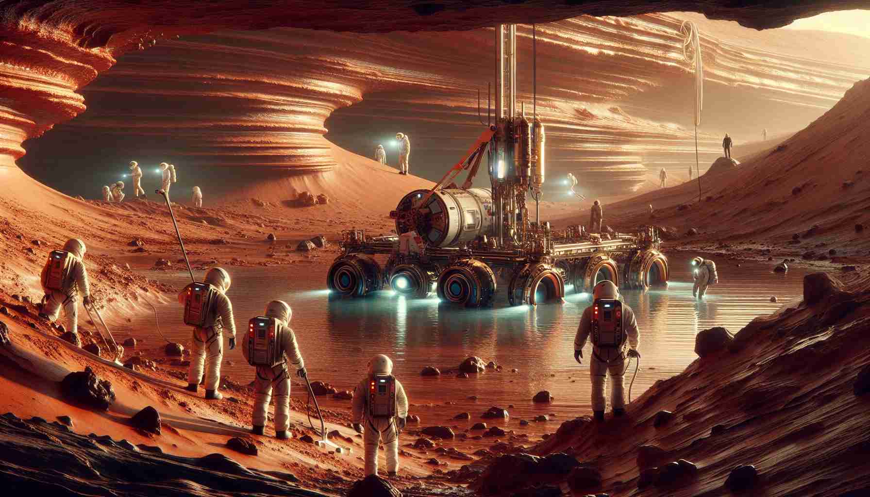 A high-definition, realistic image of explorers investigating the subterranean water reserves on Mars. Feature Martian landscapes with reddish-brown terrain and intriguing cave systems. Additionally, display high-tech machinery operated by explorers of mixed descent including Black and Middle-Eastern individuals, both men and women, in space suits. The image should mirror the feeling of discovery tinged with the stark unfamiliarity of the Martian landscape.