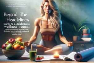 Realistic HD image of a fit and healthy woman with long blonde hair, in her 30s, immersed in a wellness routine. She sits in a serene corner, her face half-lit by the mellow glow of a scented candle. In the background, there are elements of a healthy lifestyle - a bowl of vibrant, fresh fruits, an open book on mindfulness, a yoga mat rolled at one corner, and a glass of green smoothie. The headline 'Beyond the Headlines: Secrets to a relentless wellness regime' is captioned at the bottom.