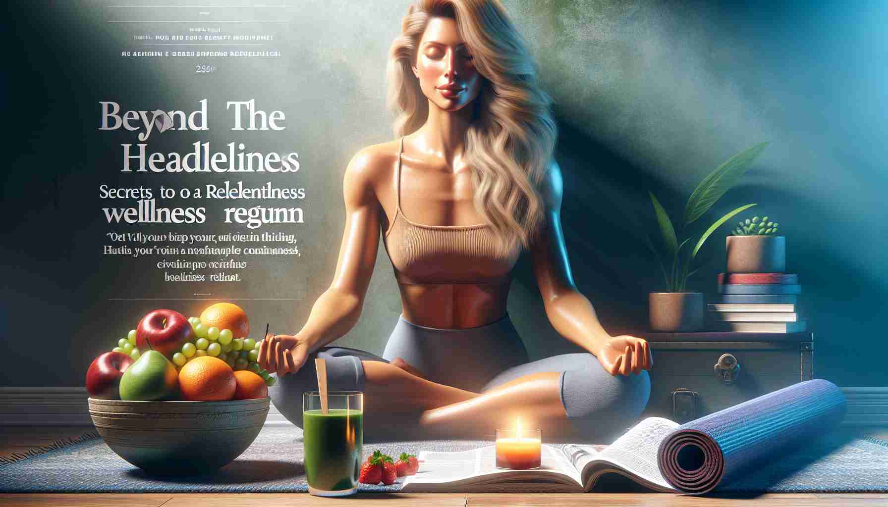 Realistic HD image of a fit and healthy woman with long blonde hair, in her 30s, immersed in a wellness routine. She sits in a serene corner, her face half-lit by the mellow glow of a scented candle. In the background, there are elements of a healthy lifestyle - a bowl of vibrant, fresh fruits, an open book on mindfulness, a yoga mat rolled at one corner, and a glass of green smoothie. The headline 'Beyond the Headlines: Secrets to a relentless wellness regime' is captioned at the bottom.