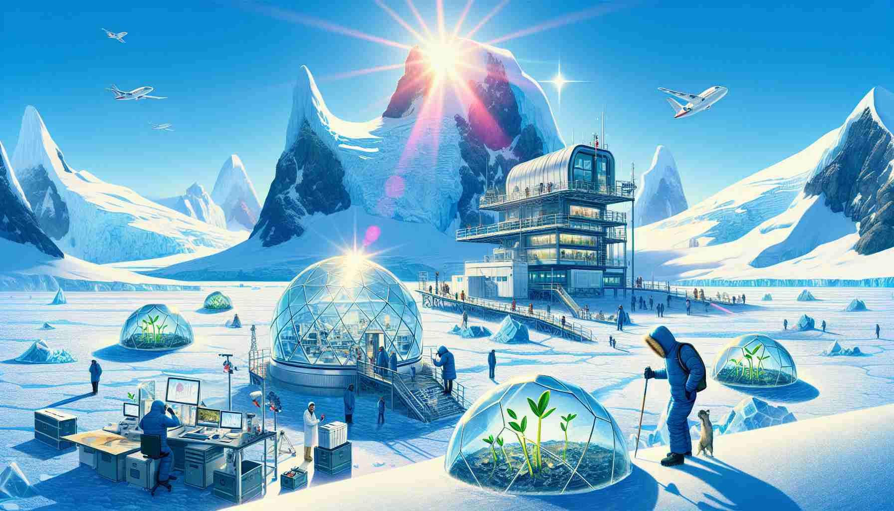 Illustrate a high-definition, realistic image highlighting the concept 'A New Hope for Climate Change: Advances in Antarctic Research'. This can include depictions of modern research facilities established on Antarctic icy landscapes. In foreground, include scientists from diverse races and genders working with advanced equipment, studying the effects and combating climate change. To convey 'New Hope', incorporate positive elements like sprouts emerging from ice or the sun shining bright, indicating a hopeful future. However, ensure the harsh realities of climate change, such as melting glaciers, are also depicted.