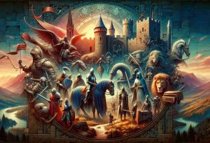 Generate a realistic, high-definition image illustrating the theme of medieval adventure as could be inferred from a game titled 'Realm Quest: Redemption'. Elements could include knights, castles, magical artifacts, mythical creatures, and dramatic landscapes.