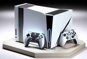 A high-definition, realistic representation of an advanced, latest generation gaming console built for powerful gaming experiences. The centerpiece of the image is the sleek, futuristic console box. The exterior is pristine white and its design is characterized by striking, bold curves. Paired with it is the matching controller, featuring an ergonomic design for maximum comfort and advanced haptic feedback for immersive gaming. Do not include any logos, names or trademarks -- this should be an embodiment of cutting-edge gaming technology, not an existing product.