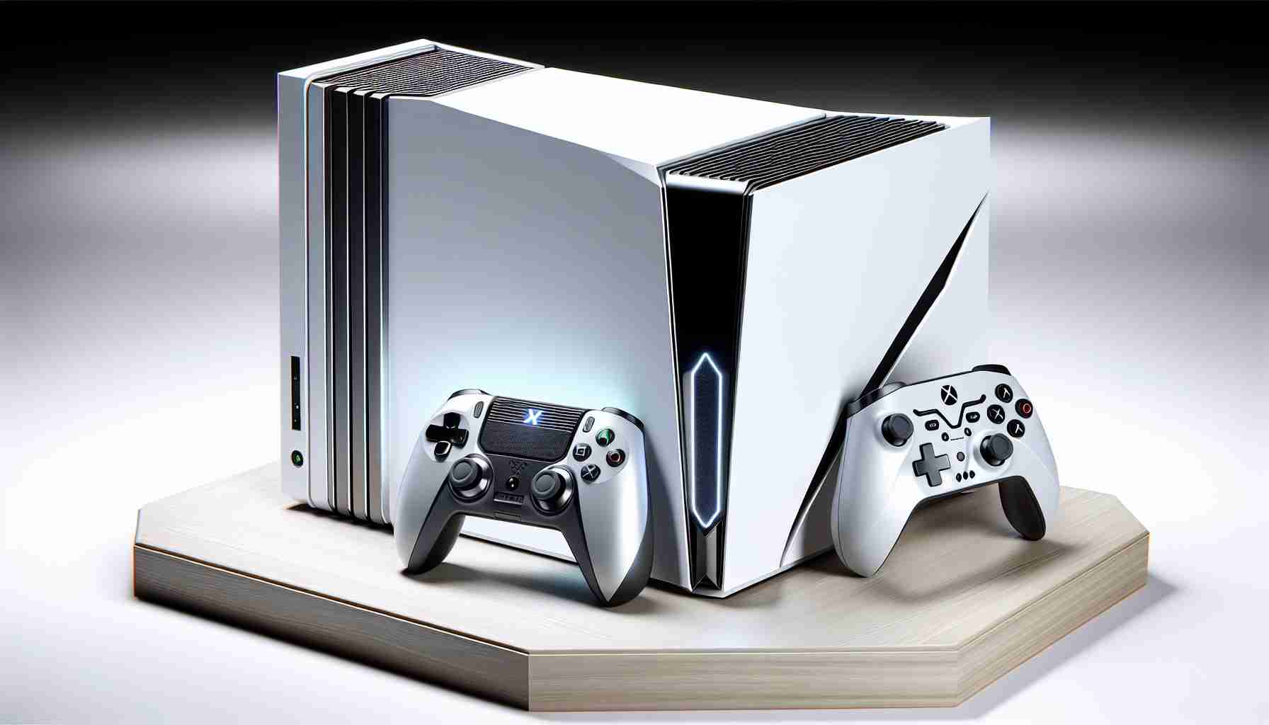 A high-definition, realistic representation of an advanced, latest generation gaming console built for powerful gaming experiences. The centerpiece of the image is the sleek, futuristic console box. The exterior is pristine white and its design is characterized by striking, bold curves. Paired with it is the matching controller, featuring an ergonomic design for maximum comfort and advanced haptic feedback for immersive gaming. Do not include any logos, names or trademarks -- this should be an embodiment of cutting-edge gaming technology, not an existing product.