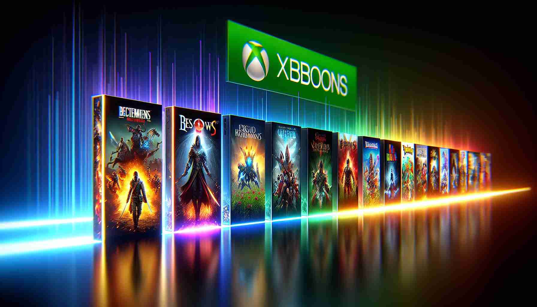 An HD-quality, photorealistic image displaying a hypothetical lineup of new game titles for a gaming console. The titles are vibrantly colored and distinct, each offering a glimpse of their respective game's unique world. They are positioned neatly, perhaps in a row or in an aesthetically pleasing arrangement, on the console's user interface. The console's logo, in its iconic green color, stands out prominently. The image sparks excitement, representing the anticipation for upcoming gaming adventures.