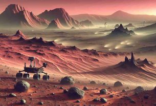 Generate a hyper-realistic, high-definition image that depicts the exploration of the Martian surface. The scene includes a scientific rover observing rock formations unique to the Mars landscape, a rust-colored sandy terrain stretching out into the distance under a pinkish skies, along with imposing mountains and craters in the backdrop. Tiny swirling dust storms can also be seen across the vast plains of Mars.