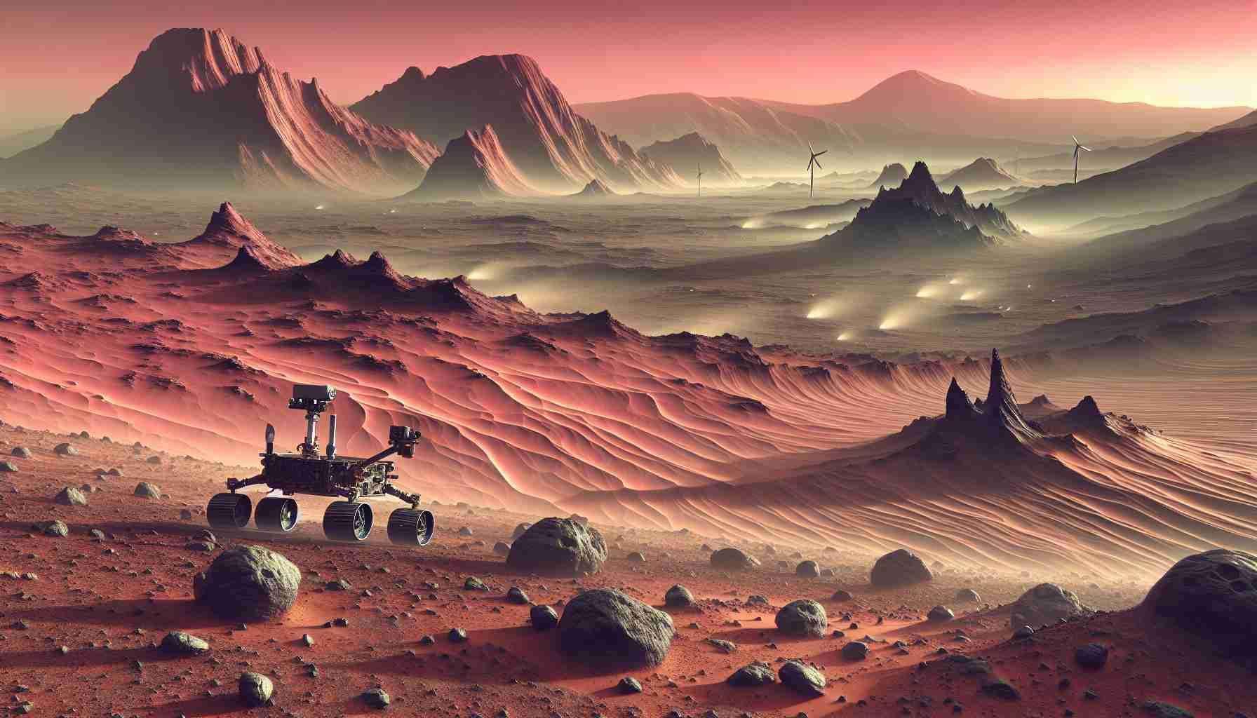 Generate a hyper-realistic, high-definition image that depicts the exploration of the Martian surface. The scene includes a scientific rover observing rock formations unique to the Mars landscape, a rust-colored sandy terrain stretching out into the distance under a pinkish skies, along with imposing mountains and craters in the backdrop. Tiny swirling dust storms can also be seen across the vast plains of Mars.