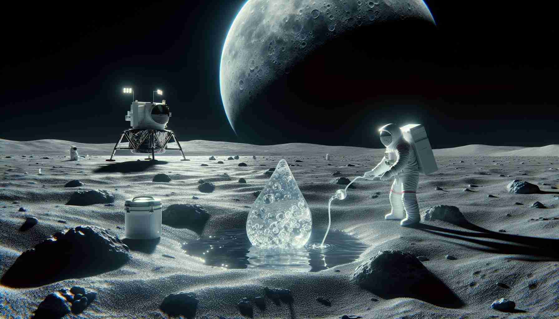 Generate a highly detailed and realistic image that portrays the concept of new discoveries on the moon. Specifically, show water in a unique form. The scene could depict astronaut scientists conducting analysis, observing or experimenting with this unusual form of water. The lunar landscape should be accurate, with its characteristic grey surface, craters, and the Earth in the black sky. The water could have an extraordinary appearance, perhaps solid but translucent or glowing with an otherworldly light, to emphasize this is no ordinary finding but a special form of water.