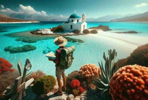 A high-definition photo depicting exploration of the hidden gems of Elafonisos. The scene unfolds a breathtaking view of crystal-clear turquoise waters contrasted with the pristine white sands. In the foreground, an explorer wearing a sunhat and carrying a map stands looking out at the sea, their face filled with curiosity and wonder. Their backpack lies next to them, suggesting a long journey ahead. Nearby, a unique local flora lends a vibrant splash of colors to the scene. Rounding off this tranquil landscape is a traditional Greek chapel in the distance, its white walls gleaming under the bright Mediterranean sun.