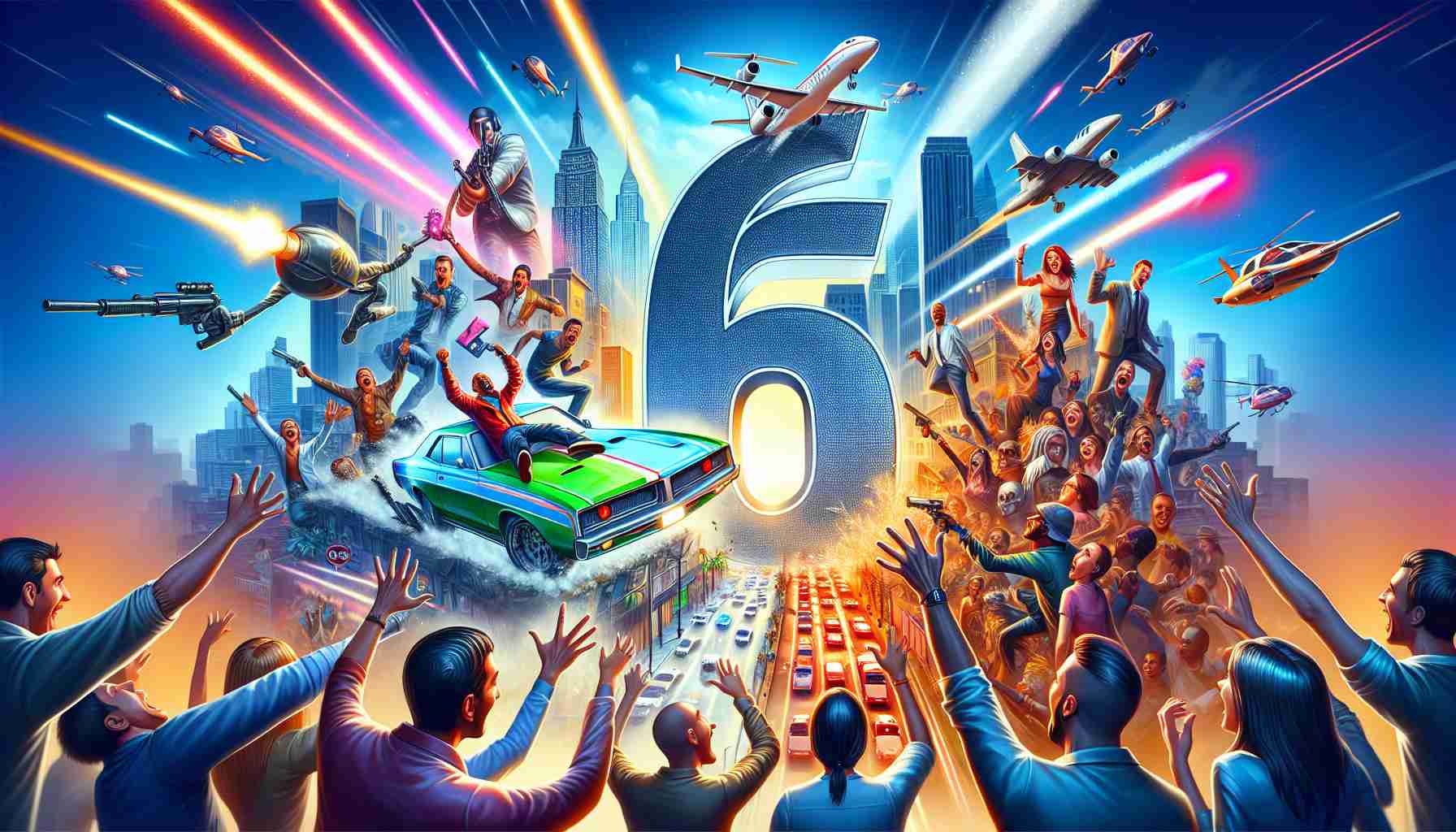 A high resolution image conceptualizing excitement around the ongoing development of a popular open-world action-adventure video game, often characterized by its dynamic city skylines, shiny vehicles, criminal plotlines and colorful characters. The game's number 6 is prominently visible, hinting at it being a new instalment. Fans displays a wide range of emotions from anticipation to joy.