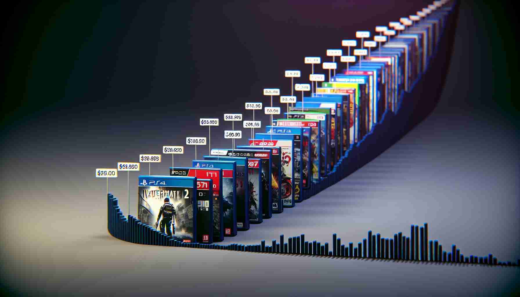 A high-definition, realistic visualization showing the progression of video game prices over time. The sequence should start from the early days of video games, showcasing price tags of some iconic games, and continue to more recent times. The highlight of the timeline should be an anticipated price tag for 'a highly awaited open-world crime-themed action-adventure game', acting as a point of key interest.