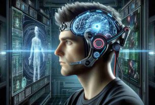 An image depicting the futuristic concept of gaming with advanced neural technology. It should feature a brain-computer interface device, similar to what the Neuralink project aims to create, attached to a person's head. The person, a Caucasian male, should be fully immersed in a virtual reality game, with complex 3D graphics visible in the background. He appears completely absorbed in his game, with an expression of intense focus. Please create this image in a high-definition, realistic style.