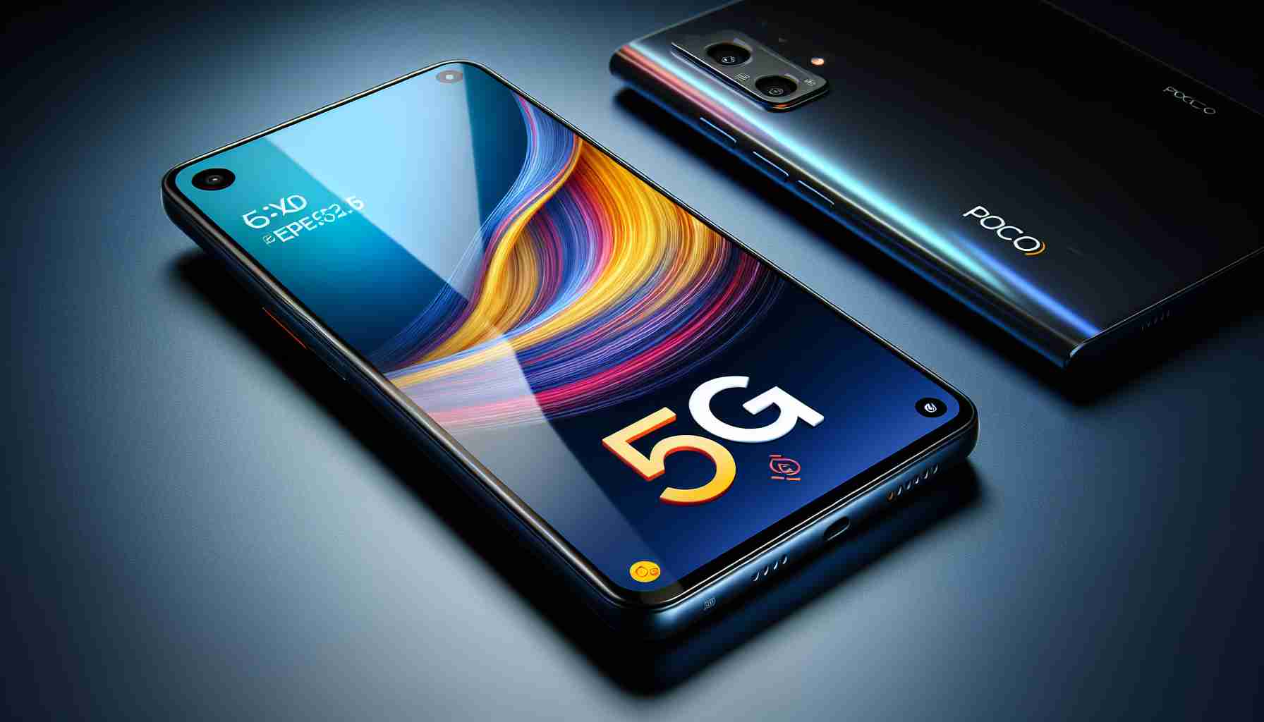 An image of a cutting-edge smartphone displayed in high-definition details. The phone is labelled as 'POCO X6 5G', showcasing its stylish design, vibrant display, and impressive camera module. On the screen, the 5G logo is prominently displayed along with the phone brand. The image background is sleek and adds an accent to the overall modern aesthetic of the phone.