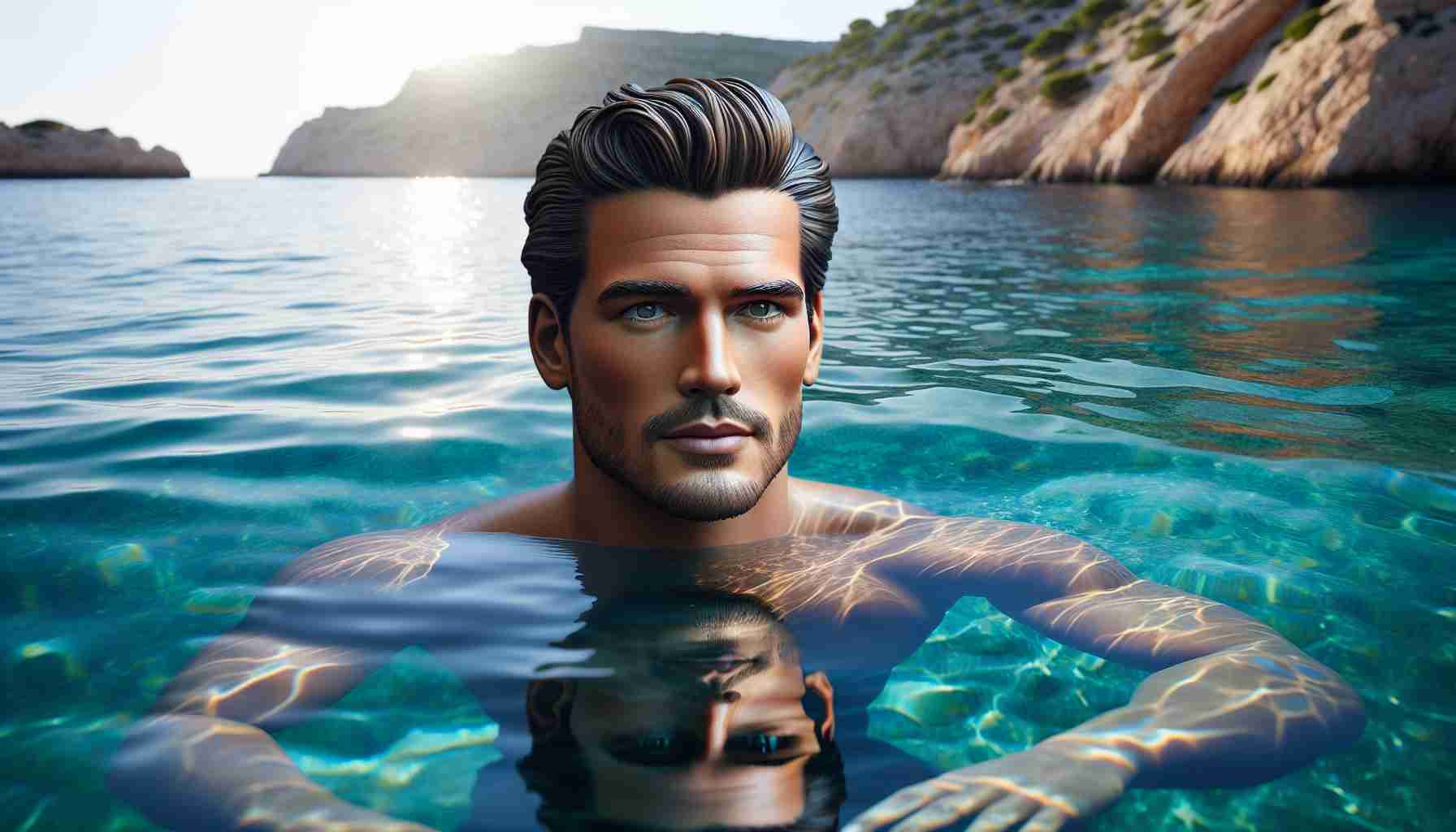 A highly detailed image of a muscular male actor with brunette hair, who closely resembles a popular Hollywood figure, swimming safely in the crystal clear waters of a location similar to Ibiza. The sunlight reflects off the surface of the water, showcasing the surrounding scenic views of the famous vacation destination, making it a truly breathtaking sight.