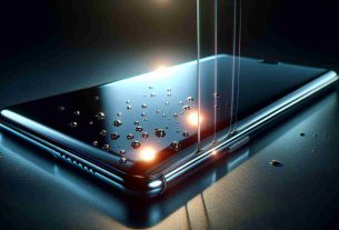 A high-definition, realistic image of a newly launched smartphone model reflecting a revolutionary nanotech coating. The phone has a glossy, slick feel to it, showcasing the advanced technological upgrade that isn't simply about aesthetics but also durability. Light reflects off it in a way that suggests it raises the bar for industry standards, highlighting the micro level details of the nanocoating that provides it with enhanced protection and an overall premium look.