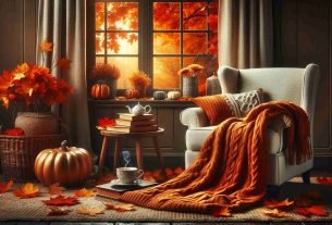 Capture a detailed image of a welcoming indoor scene brimming with the cozy feel of autumn. Picture a comfortable armchair positioned near a window, outside of which the foliage displays the rich fiery hues synonymous with the season. On the windowsill, an ornamental pumpkin hints at the imminent arrival of Halloween. Spread out on the armchair, you'll find a cable-knit throw blanket in a warm shade of burnt orange, and tucked within its folds is an engrossing novel with a teacup emitting gentle wafts of steam resting on a side table nearby. Every component screams the comfort of an autumnal reading experience in HD clarity.