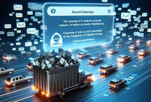 A realistic HD depiction of a digital process representing the clearing of millions of inactive accounts from a large, generic email service, with the interface showing notifications of account clearances and the freeing up of digital storage