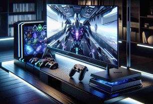 A detailed image depicting the 'next-gen gaming experience'. This involves a modern and futuristic gaming setup. The setup would include an ultra-high-definition display with sharp, vivid colors, a cutting-edge gaming console with futuristic design lines, and an ergonomic gaming controller. The room is lit by dim ambient lighting, illuminating the intricate details on the console and controller. The screen displays advanced, hyper-realistic in-game graphics, representing the pinnacle of current generation gaming technology. The image captures the immersive, dynamic, and high-tech nature of the next-gen gaming experience.