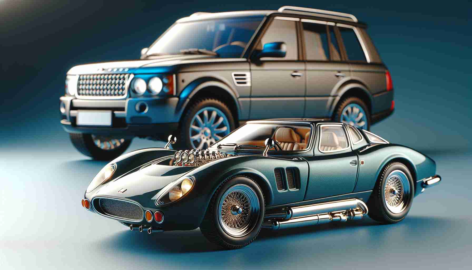 Produce a realistic, high-definition image of a miniature 12-cylinder sports car model, styled like a classic Italian luxury vehicle, displayed at the price point of an SUV.