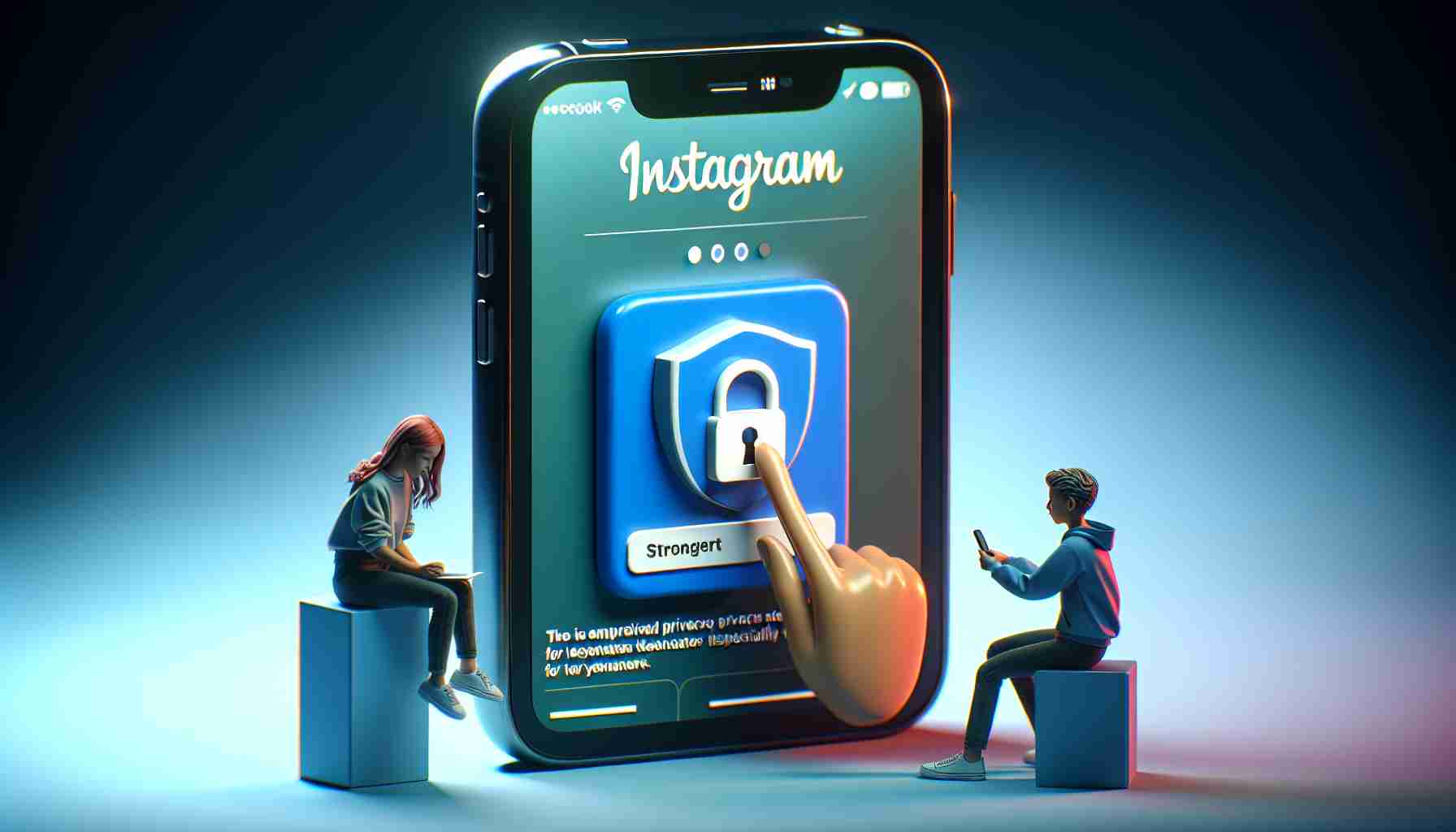 Generate a realistic and high-definition digital rendering of a scene involving an illustrated representation of a smartphone screen displaying the Instagram application. The interface should show an icon indicating stronger privacy settings, perhaps a shield or a lock. This improved privacy control is specifically designed for teenagers. To emphasize this, include, in the image, a depiction of a teenager curiously checking these new controls on their phone.