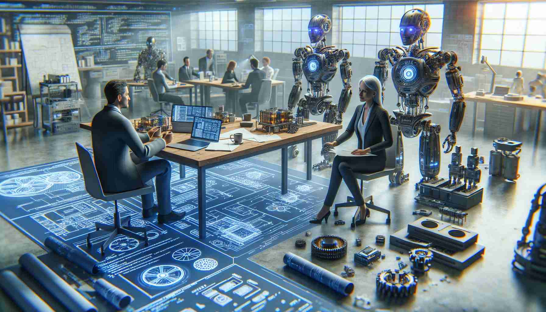 High-definition, realistic image depicting a meeting of innovation and technological progress: a non-specific, highly influential British industrial designer collaborates with a leading Artificial Intelligence research laboratory. The scene showcases designs of products, blueprints, advanced machinery representative of cutting-edge technology, electronics, AI components and coding elements scattered around their workspace.