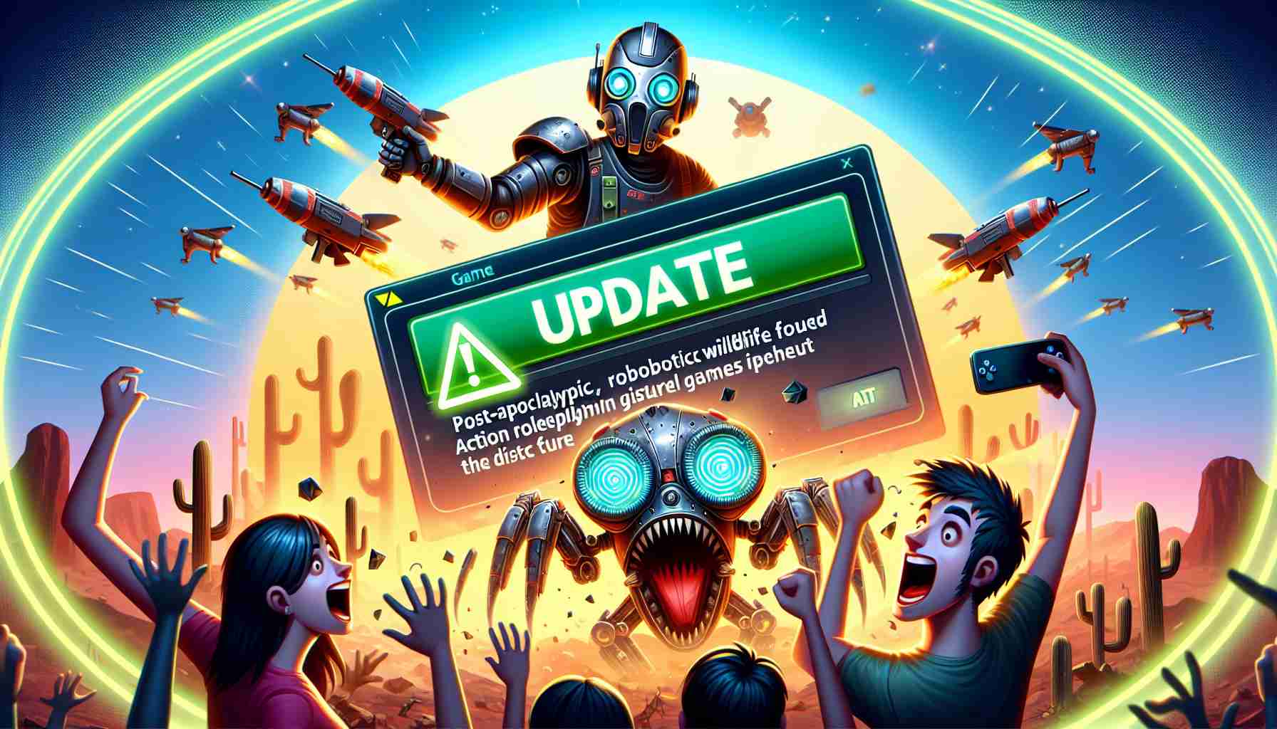 Create a high-definition image depicting a thrilling update for fans of the post-apocalyptic, robotic wildlife focused, action role-playing video game set in the distant future. Include elements such as game cover art, update notifications popped up on a game console screen, and ecstatic fans expressing their excitement.