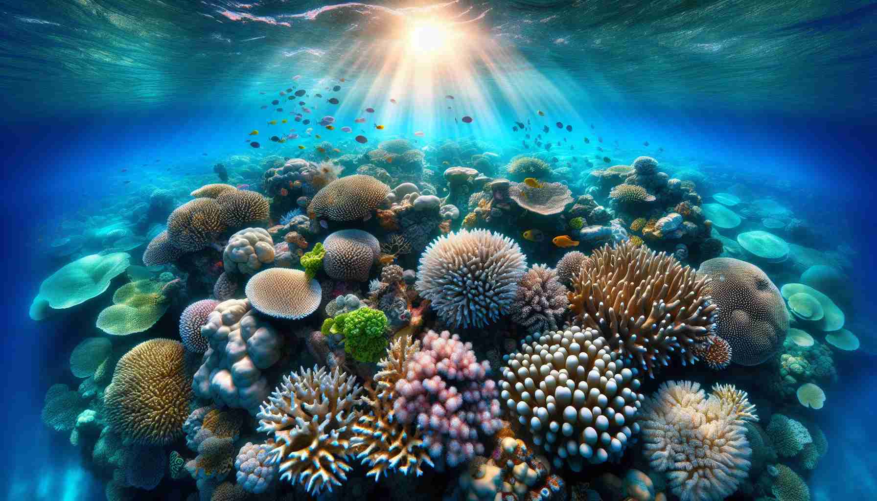 Generate a high resolution, realistic image showcasing the effects of climate change on coral reefs. The scene should vividly portray the contrast between healthy, vibrant coral of various shapes and sizes, and areas of the reef that show bleaching due to warming ocean temperatures. Also, include fish and other marine life that inhabit these reefs, with a background of clear ocean water and light filtering through the surface of the water.