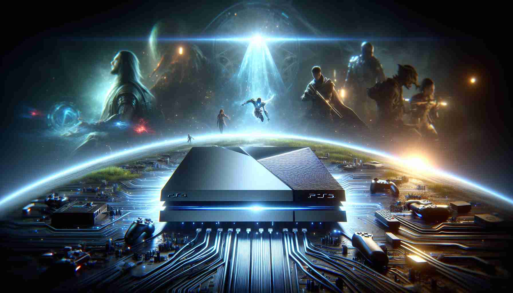 A hyper-realistic, high-definition depiction of a ground-breaking leap in gaming technology, introducing the next-generation gaming console. The well-crafted design of the futuristic console is evident, highlighting its sleek contours and cutting-edge interface. The console is surrounded by a radiant halo of light, emphasizing its significance and its revolutionary role in the evolution of gaming. In the background, glimpses of mesmerizing game worlds and enigmatic characters imply the limitless possibilities this technology offers, further imbued with the energy and vibrance of the gaming culture.