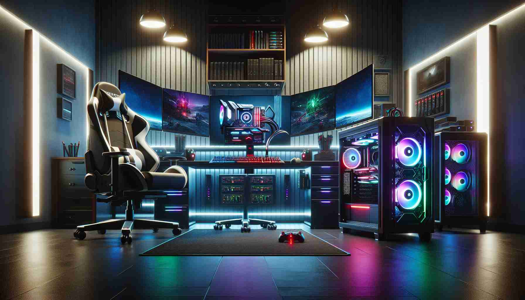 Create a highly detailed and realistic image that represents the concept of investing in a superior gaming experience. It should depict a high-tech gaming setup with cutting-edge equipment. The scene could include a state-of-the-art gaming PC with a powerful graphics card and cooling system, a multi-monitor setup, a high-speed internet modem, RGB LED lighting, ergonomic gaming chair, professional-grade gaming headset with crystal-clear audio, and a gaming keyboard and mouse with advanced features. The setting is in an organized and well-lit room, with the lights dimmed to create an immersive atmosphere.