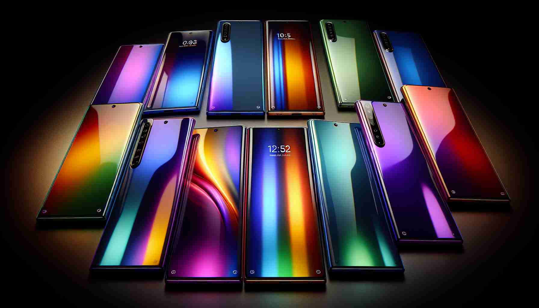 Imagine a realistic, high-resolution depiction of several new and exciting colors being revealed for next-generation smartphones. The image showcases an array of sleek smartphones of varying vibrant hues, each with glossy surfaces and pristine screens that reflect the advanced technology. Colors range from deep sea blues, dazzling neon greens, rich plum purples, flaming crimson reds to sunrise gold. The smartphone design should appear sleek and modern, with clean lines and minimalistic features. The entire aesthetic projects a sense of anticipation and elation for the next evolution in mobile technology.