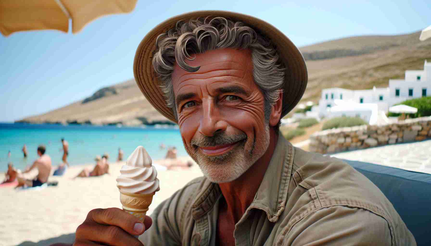 An image of a middle-aged Caucasian man with short, curly hair enjoying the summer in Antiparos, a Greek island. The man possesses a friendly demeanor similar to beloved movie characters. He's casually dressed in a comfortable shirt and shorts, with a wide-brimmed hat to protect from the sun. He's seen holding an ice cream cone, with the backdrop of a magnificent beach. The man's features include deep-set hazel eyes and a slightly wrinkled, sun-tanned face, indicative of his enjoyment of the outdoors.