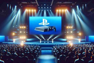 Create a high-definition, realistic image showing an intriguing scene from a notable gaming event, where the stage is set for the announcement of new developments related to a popular console. Display a large screen onstage with the logo of the gaming event, with an expectant crowd waiting, bright lighting and modern design elements. Note: the console is not linked to a specific brand.