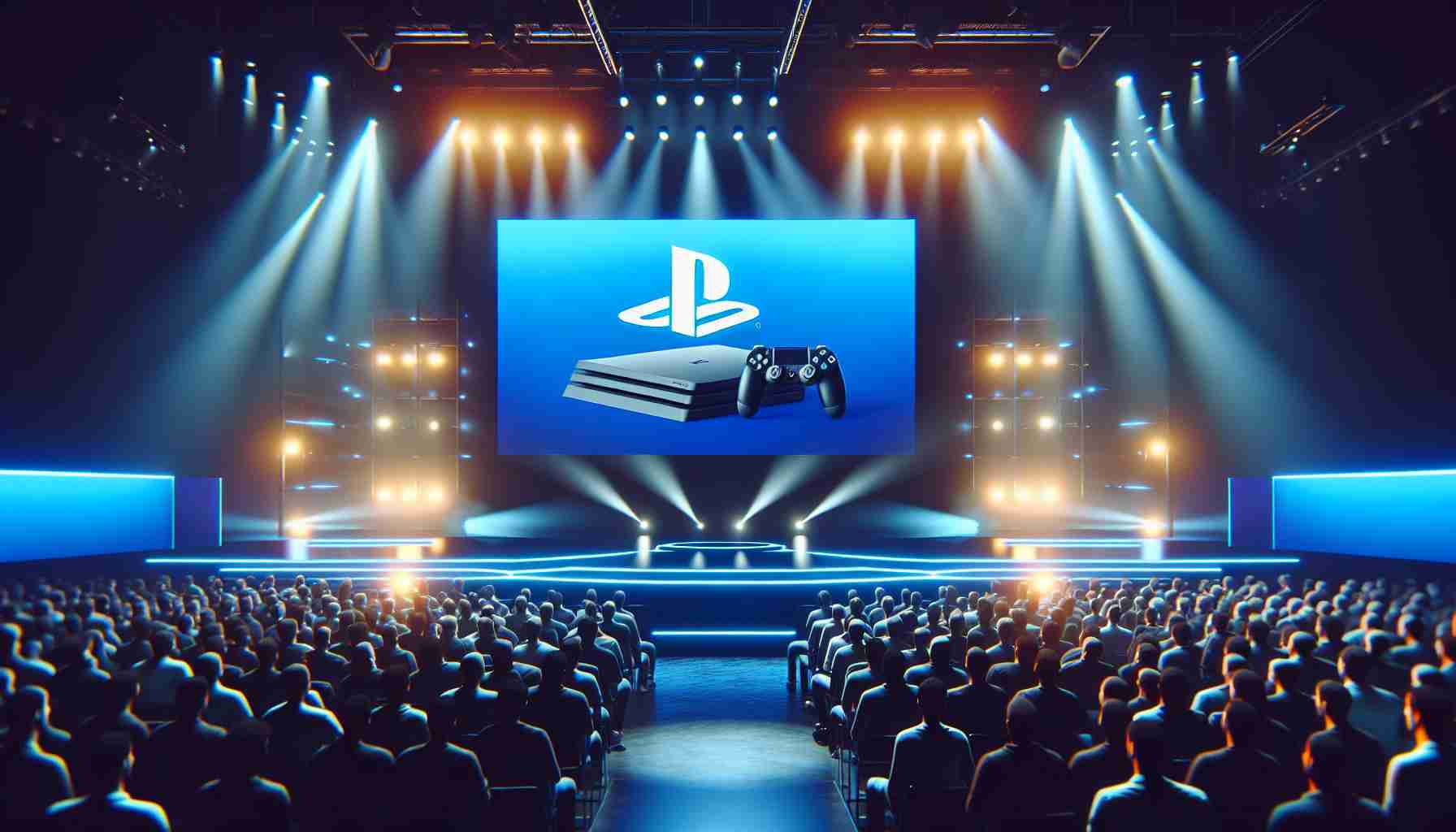 Create a high-definition, realistic image showing an intriguing scene from a notable gaming event, where the stage is set for the announcement of new developments related to a popular console. Display a large screen onstage with the logo of the gaming event, with an expectant crowd waiting, bright lighting and modern design elements. Note: the console is not linked to a specific brand.