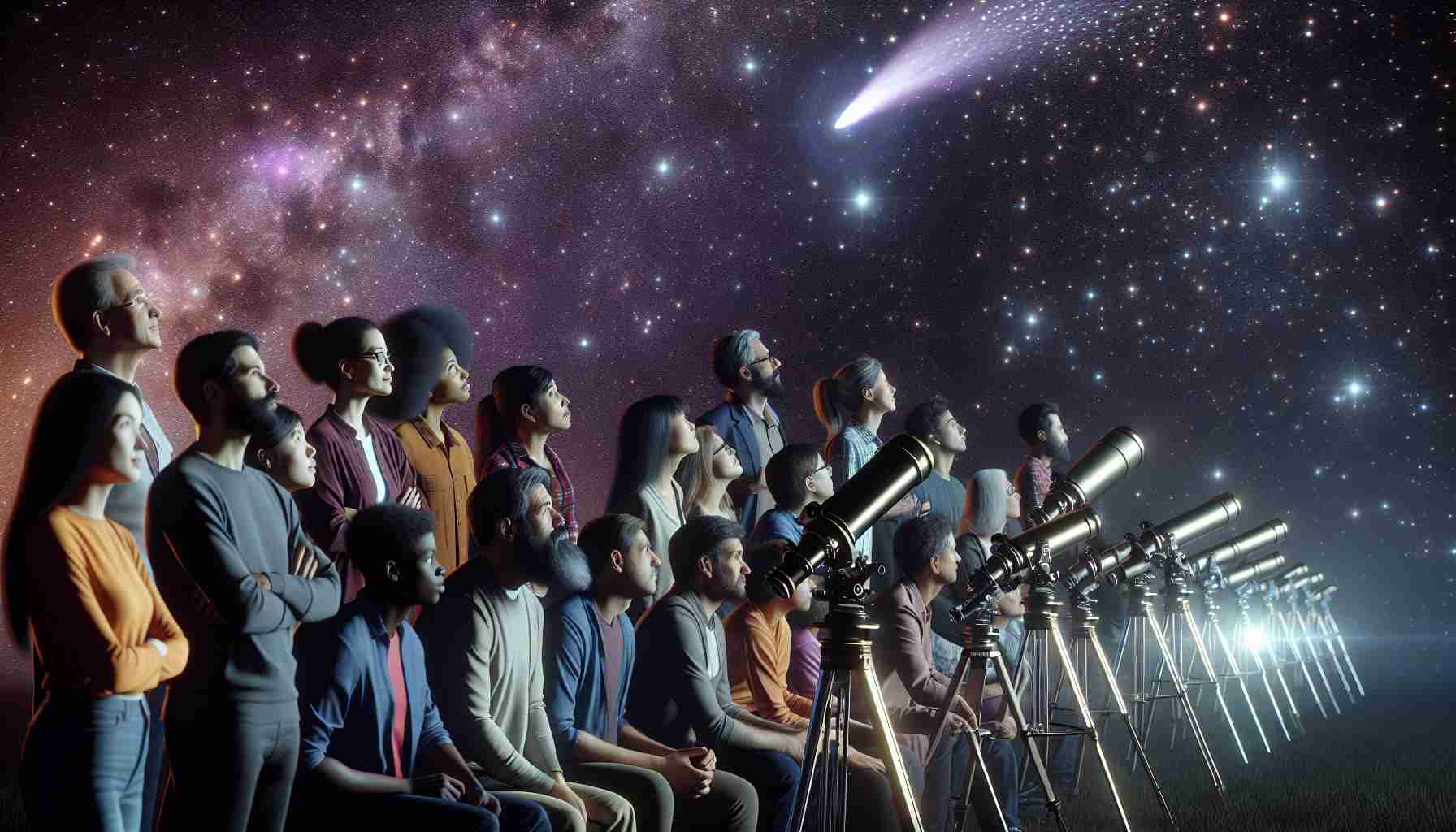 Render a hyperrealistic high-definition image of a group of star enthusiasts engrossed in observing a rare celestial body. The group is diverse, comprised of men and women from different descents such as Caucasian, Hispanic, Black, Middle-Eastern, and South Asian. They are all equipped with telescopes and the night sky is lit up with the majestic spectacle of the visitor – a comet streaking across the starlit sky, creating a dazzling light show of colors in its wake.