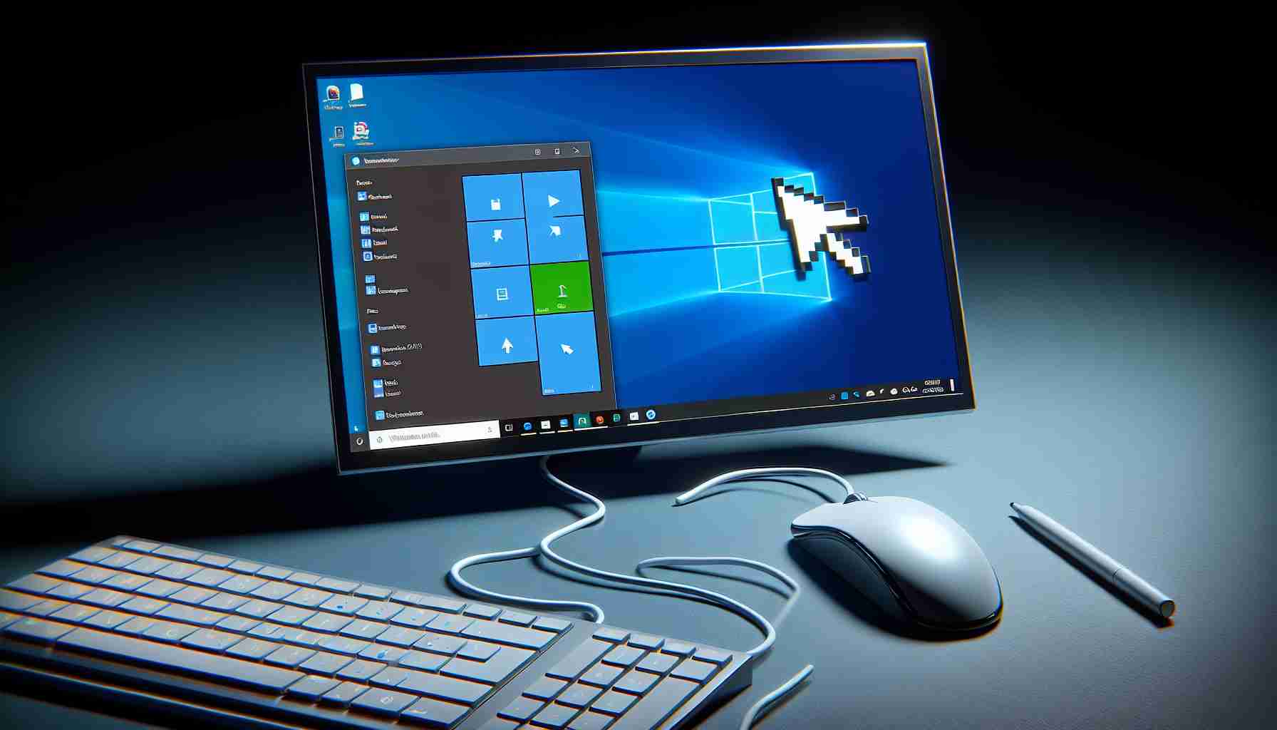 A high-definition realistic image illustrating an issue caused by a Windows 11 update where the mouse cursor disappears. The image should capture a computer screen displaying the Windows 11 interface with notable absence of the mouse cursor, signifying the problem. Surrounding the screen are a keyboard and a mouse, with the mouse being emphasized to highlight the issue.