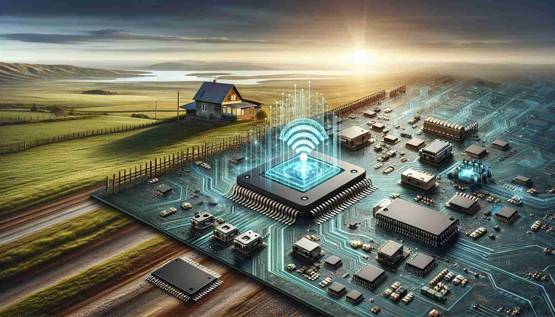 Realistic high-definition image showcasing an abstract concept of revolutionizing wireless technology aimed at bridging the connectivity gap. This should depict microchips, network interface cards, and wireless signal waves, all interconnected. Additionally, show a distant house in a rural setting, with a strong signal bar icon indicating successful remote connectivity. All elements should be intricately detailed to represent the integral parts of wireless technology and how they work together to reduce the connectivity gap.