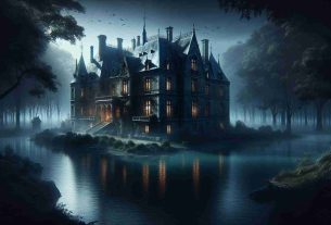 Create a highly detailed and realistic image depicting a mysterious manor situated by a lake. The scene should highlight the haunting atmosphere, accentuated by dim moonlight casting long and ominous shadows. The manor's antiquated architecture subtly hints at its centuries-old existence. There are faintly lit windows, possibly suggesting faint life within. The serene lake is partially covered by an early morning mist, adding to the sense of enigma. The overall scene should evoke suspense and intrigue, typical of haunting tales and mysteries.