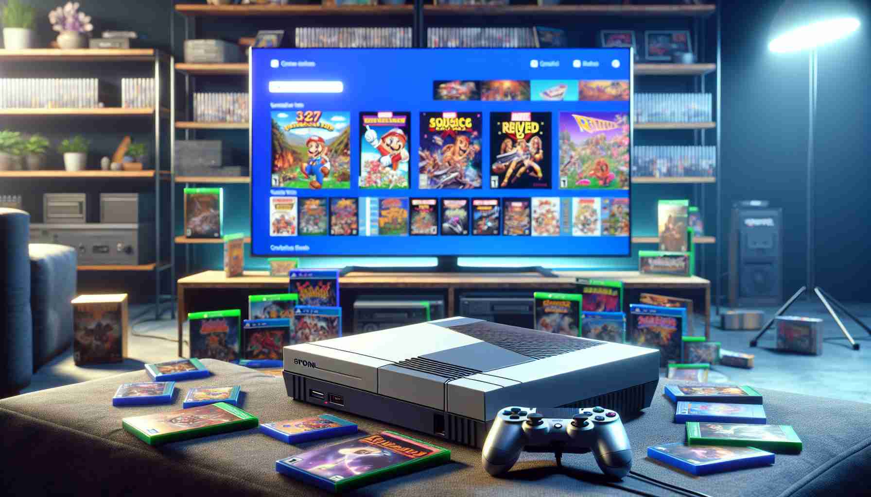 Generate a high-definition, realistic image portraying the exhilarating revival of classic video games for a popular gaming console. The scene includes the game console and a collection of revived games with vibrant covers indicating their upgraded graphics and enhanced gameplay. The setup is in a brightly lit room with a large-screen modern television displaying the game menu. A comfortable gaming chair is visible in the foreground with a controller placed on the armrest, waiting to be picked up for an immersive gaming experience.