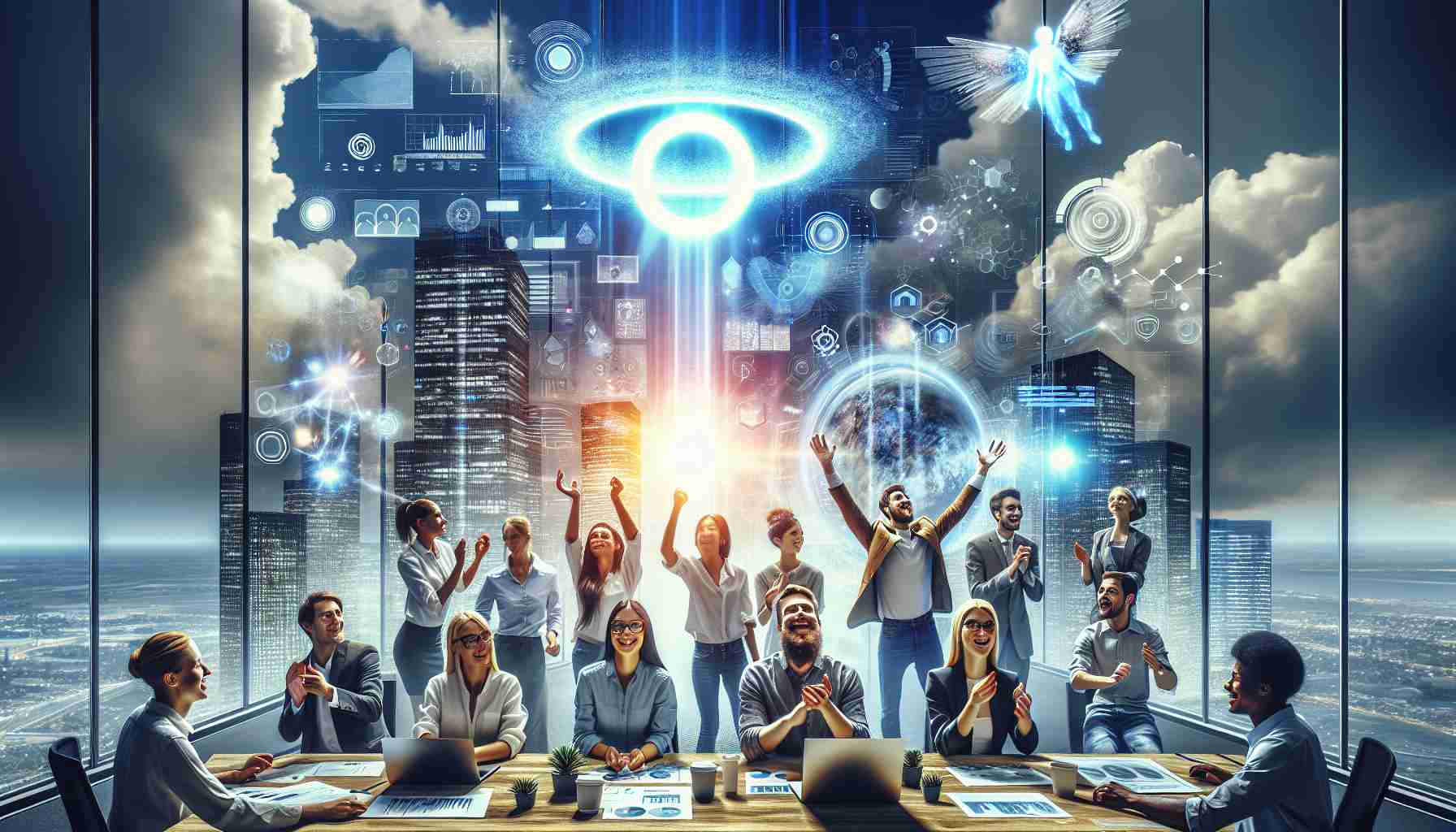 An ultra high-definition and hyper-realistic image depicting the exciting changes coming to a fictional game-development company symbolized by a glowing halo floating above a modern office building, with dynamic workers that are male, female, Caucasian, Middle-Eastern, Hispanic, and South Asian expressing their enthusiasm and creativity in innovative spaces, using state-of-the-art technology to design new experiences and games for their audience. They're surrounded by conceptual art pieces and innovative digital displays showing progress analytics. The look in their eyes is hopeful and driven, their smiles show the confidence in the bright future that lies ahead.