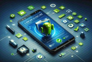 Create a detailed, high-definition image representing 'A New Way to Stay Safe on Android Devices'. The image should include a modern Android smartphone with the latest software updates, icon indicating a firewall or antivirus application is running, and visual cues suggesting enhanced security, such as Padlock icons, green checkmarks or shields. Don't forget to add a neat and clean interface displaying the security app in action.