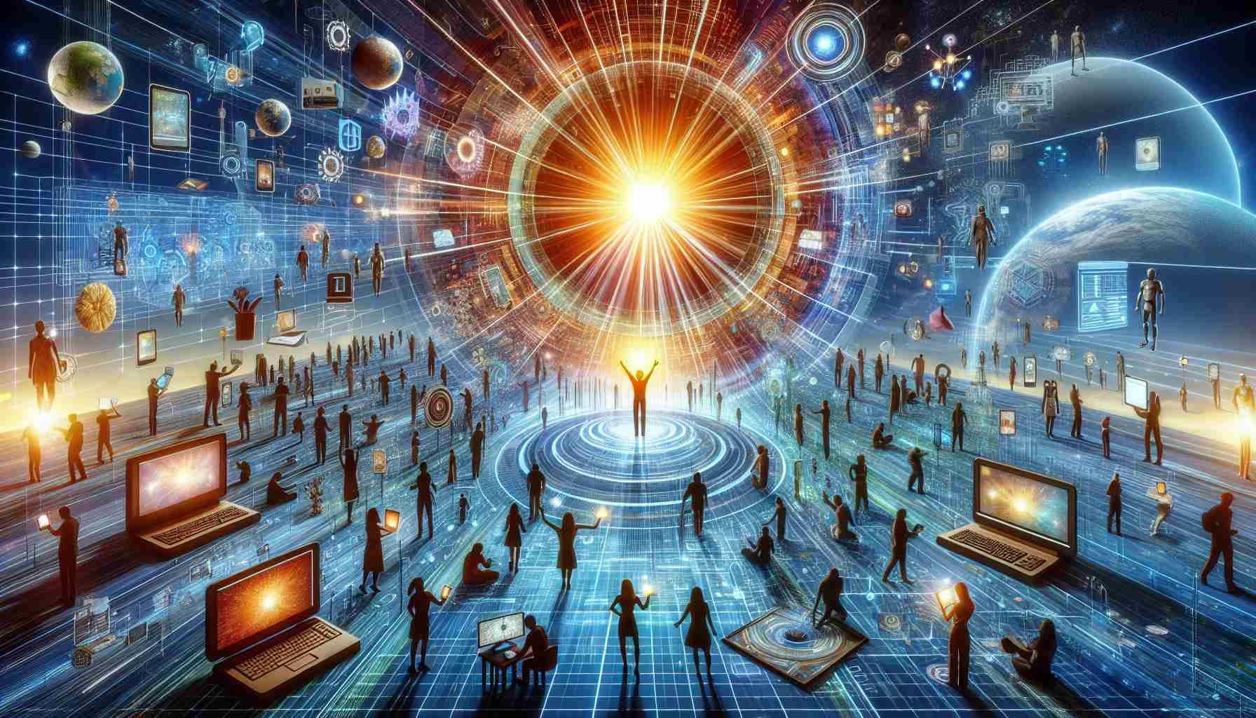 Generate a realistic High Definition image that represents the concept of 'The Rise of a New Operating System: User Preferences and the Future of Technology'. This image should illustrate an emerging operating system, represented by a rising sun, and an array of diverse individuals interacting with futuristic devices, expressing their preferences. Please include a variety of computing devices such as computers, tablets, touchscreens, and holographic screens. The larger scene should embody the dynamic and progressive nature of technological advancement.