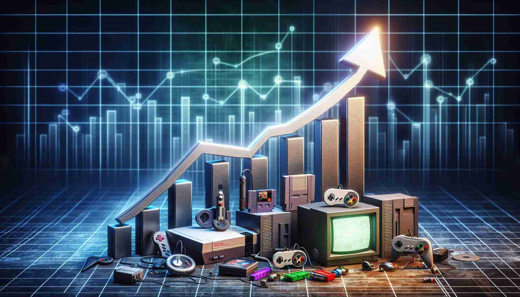 A high definition, realistic image showcasing the rise of single-player games in the gaming industry. The image should depict a graph growing upwards, symbolizing the increasing popularity of single-player games. On one side of the graph should be some classic gaming hardware like a joystick, cartridges, and retro gaming consoles. On the other side of the graph, show modern gaming devices such as a gaming controller, virtual reality headset, and cutting-edge gaming PC. The background has a digital, pixelated style, paying homage to the early days of gaming and progressing to smooth, modern graphics.