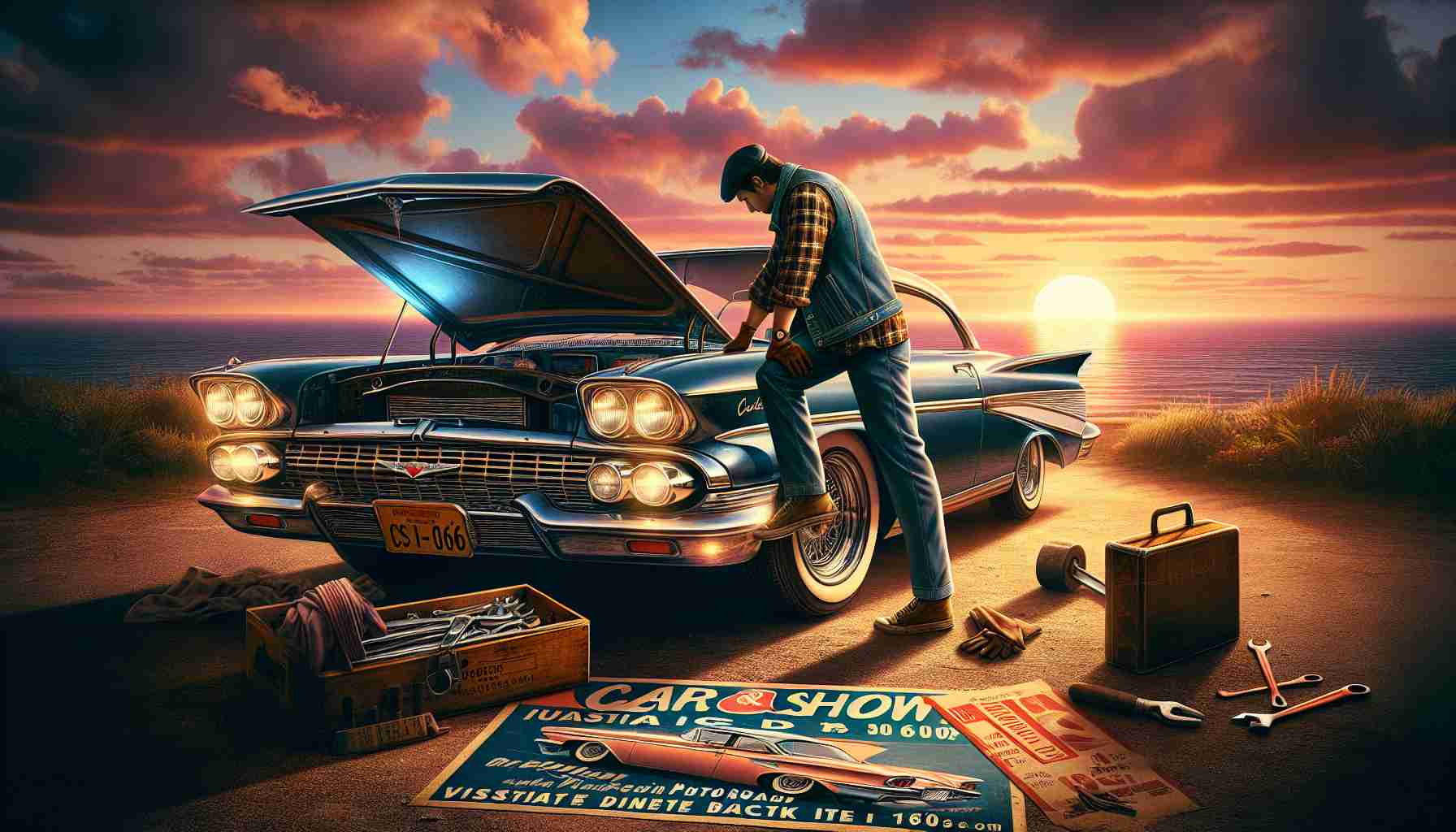 Create a high definition photorealistic image depicting the passion for classic cars. Visualize a scenic backdrop with a sunset and a gleaming classic car from the 1960s parked nearby. Add an individual leaning over the hood of the car, examining the shiny exterior with a loving gaze. The person is of Middle-Eastern descent with worn leather gloves in hands, a vintage watch on the wrist, wearing a denim jacket over a plaid shirt, and blue jeans. To enhance, lay a car show poster dated back in the 1960s resting in the backdrop next to a toolbox with a spanner and a rag. The whole scene should emanate a nostalgic, appreciative atmosphere for the classic automobile era.