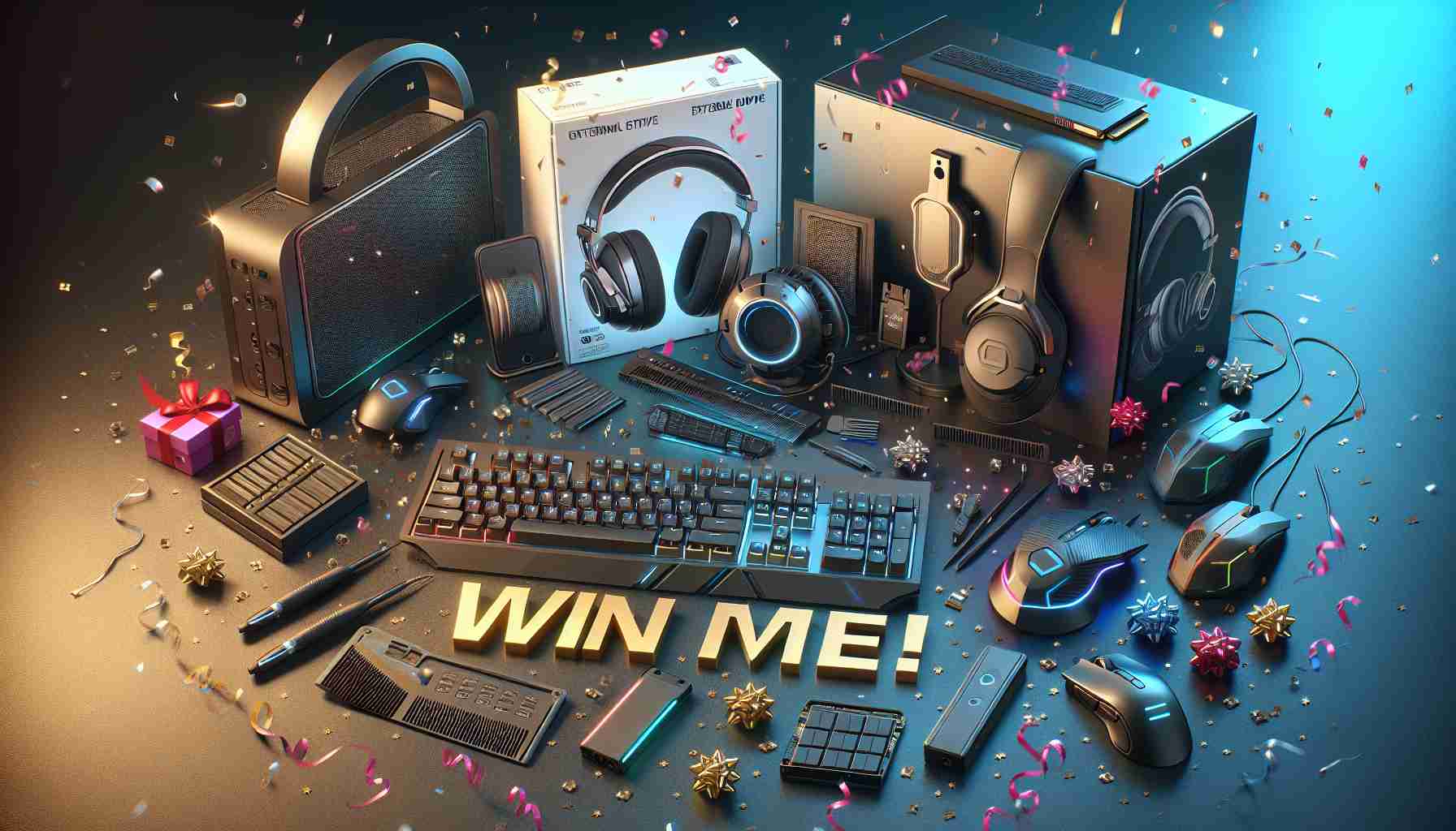 High resolution, realistic image of an exciting technology giveaway. The valuable bundle should depict advanced peripheral devices, including items like a state-of-the-art keyboard, a modern gaming mouse, a high-performance external memory drive, and a high-quality gaming headset. All devices should be neatly arranged with a decorations such as confetti or party streamers, celebrating the an opportunity to win these spectacular items. A bold 'Win me!' text, adding to the excitement, is to be included in the scene.